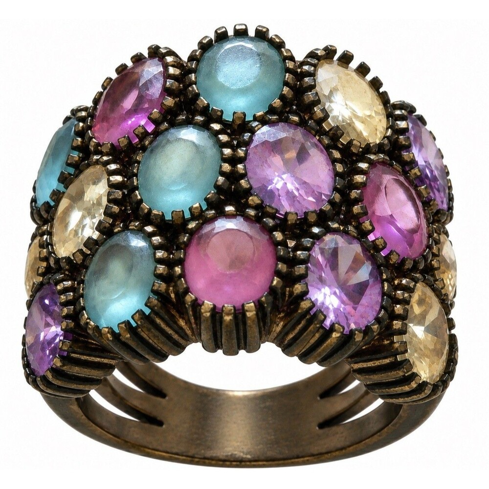 Multicolor Statement Ring Art Deco Inspired Brass Chocolate Gold Tone Size 9